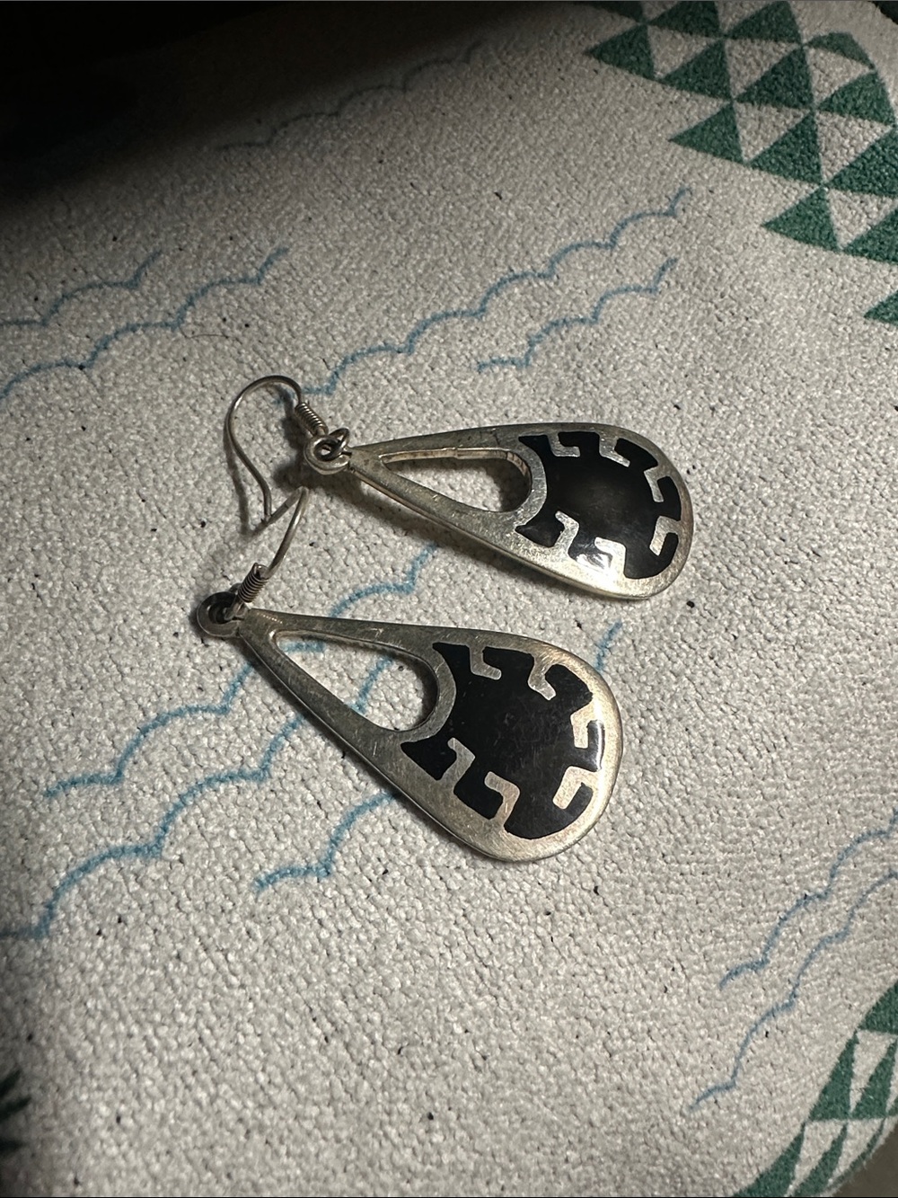 Sterling Silver and Black Teardrop Earrings - Native Motif